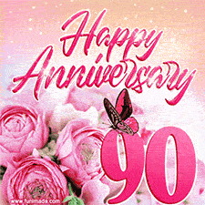 Pink peonies and butterfly adorn a 'Happy Anniversary 90' design, creating a warm and loving vibe for this milestone celebration.