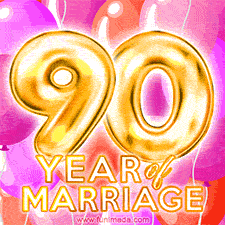 Bright '90 Years of Marriage' in shiny Bright letters, surrounded by colorful balloons on a cheerful and celebratory pink background.