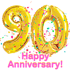 Sparkling gold balloons forming the number 90 with a burst of multicolored confetti and vibrant pink 'Happy Anniversary' text.
