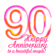 Stylish pink and yellow neon numbers '90' glowing brightly with a heartfelt 'Happy Anniversary to a beautiful couple!' written in pink cursive text.