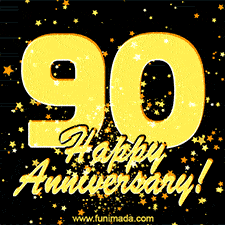 Large yellow '90' surrounded by shimmering gold stars and the celebratory message 'Happy Anniversary!' below in cursive.