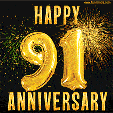 Bright golden balloons shaped like '91' with dazzling fireworks and 'Happy Anniversary' text shining on a black background.