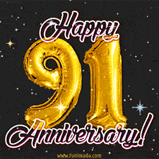 91' in golden balloon numbers and 'Happy Anniversary!' written in bold cursive, set on a shimmering starry black background.