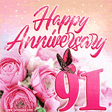 Pink peonies and butterfly adorn a 'Happy Anniversary 91' design, creating a warm and loving vibe for this milestone celebration.