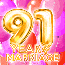 Bright '91 Years of Marriage' in shiny Bright letters, surrounded by colorful balloons on a cheerful and celebratory pink background.