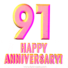 Sophisticated pink and gold '91 Happy Anniversary' text in a polished 3D look, crafted to highlight a significant milestone.