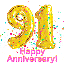 Sparkling gold balloons forming the number 91 with a burst of multicolored confetti and vibrant pink 'Happy Anniversary' text.