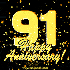 Large yellow '91' surrounded by shimmering gold stars and the celebratory message 'Happy Anniversary!' below in cursive.