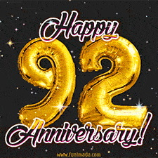 92' in golden balloon numbers and 'Happy Anniversary!' written in bold cursive, set on a shimmering starry black background.