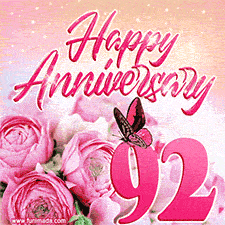 Pink peonies and butterfly adorn a 'Happy Anniversary 92' design, creating a warm and loving vibe for this milestone celebration.