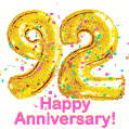 Happy Anniversary! Gold Number 92 Balloons and Confetti GIF.