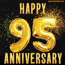 Bright golden balloons shaped like '95' with dazzling fireworks and 'Happy Anniversary' text shining on a black background.