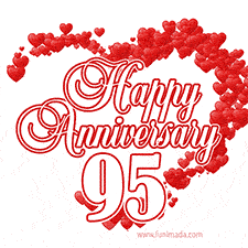 A heart-shaped design made of red hearts surrounds the elegant text 'Happy Anniversary' with the bold number '95' below.