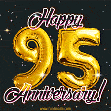 95' in golden balloon numbers and 'Happy Anniversary!' written in bold cursive, set on a shimmering starry black background.