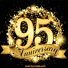 Shimmering '95 Anniversary' in gold, encased in a radiant confetti circle with a golden ribbon accent at the bottom.