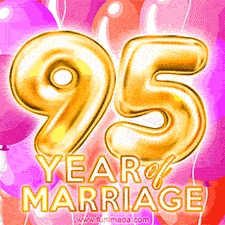 Bright '95 Years of Marriage' in shiny Bright letters, surrounded by colorful balloons on a cheerful and celebratory pink background.