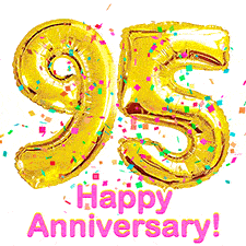 Sparkling gold balloons forming the number 95 with a burst of multicolored confetti and vibrant pink 'Happy Anniversary' text.