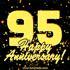 Large yellow '95' surrounded by shimmering gold stars and the celebratory message 'Happy Anniversary!' below in cursive.