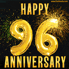 Bright golden balloons shaped like '96' with dazzling fireworks and 'Happy Anniversary' text shining on a black background.