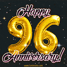 96' in golden balloon numbers and 'Happy Anniversary!' written in bold cursive, set on a shimmering starry black background.