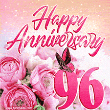 Pink peonies and butterfly adorn a 'Happy Anniversary 96' design, creating a warm and loving vibe for this milestone celebration.