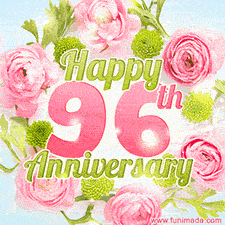 A gorgeous floral-themed 'Happy 96th Anniversary' with pink roses and green blossoms, surrounded by soft pastel accents, bringing elegance and joy.