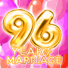 Bright '96 Years of Marriage' in shiny Bright letters, surrounded by colorful balloons on a cheerful and celebratory pink background.