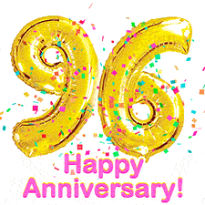 Sparkling gold balloons forming the number 96 with a burst of multicolored confetti and vibrant pink 'Happy Anniversary' text.
