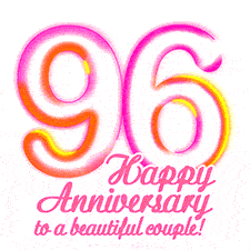 Stylish pink and yellow neon numbers '96' glowing brightly with a heartfelt 'Happy Anniversary to a beautiful couple!' written in pink cursive text.