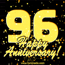 Large yellow '96' surrounded by shimmering gold stars and the celebratory message 'Happy Anniversary!' below in cursive.
