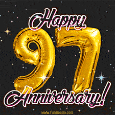 97' in golden balloon numbers and 'Happy Anniversary!' written in bold cursive, set on a shimmering starry black background.