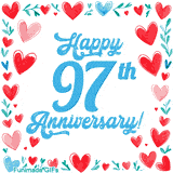 Animated 'Happy 97th Anniversary!' message in large blue text surrounded by a hand-drawn border of red, pink, and blue hearts on a white background.