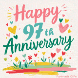 Vibrant animated greeting with pastel hearts and playful flowers under a bright 'Happy 97th Anniversary' message.