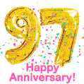 Happy Anniversary! Gold Number 97 Balloons and Confetti GIF.