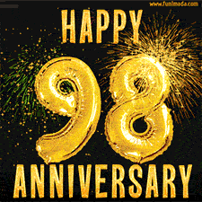 Bright golden balloons shaped like '98' with dazzling fireworks and 'Happy Anniversary' text shining on a black background.