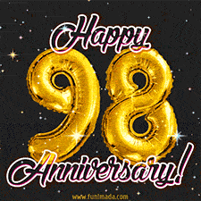 98' in golden balloon numbers and 'Happy Anniversary!' written in bold cursive, set on a shimmering starry black background.