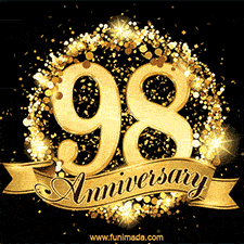 Shimmering '98 Anniversary' in gold, encased in a radiant confetti circle with a golden ribbon accent at the bottom.