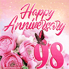 Pink peonies and butterfly adorn a 'Happy Anniversary 98' design, creating a warm and loving vibe for this milestone celebration.