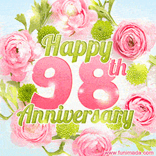 A gorgeous floral-themed 'Happy 98th Anniversary' with pink roses and green blossoms, surrounded by soft pastel accents, bringing elegance and joy.