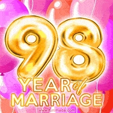 Bright '98 Years of Marriage' in shiny Bright letters, surrounded by colorful balloons on a cheerful and celebratory pink background.