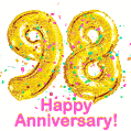 Happy Anniversary! Gold Number 98 Balloons and Confetti GIF.