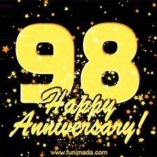 Large yellow '98' surrounded by shimmering gold stars and the celebratory message 'Happy Anniversary!' below in cursive.