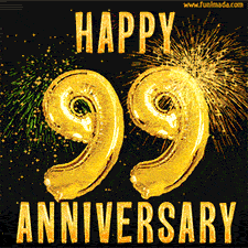 Bright golden balloons shaped like '99' with dazzling fireworks and 'Happy Anniversary' text shining on a black background.