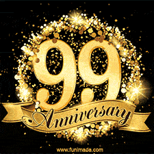 Shimmering '99 Anniversary' in gold, encased in a radiant confetti circle with a golden ribbon accent at the bottom.