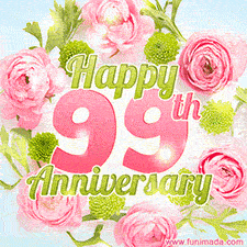 A gorgeous floral-themed 'Happy 99th Anniversary' with pink roses and green blossoms, surrounded by soft pastel accents, bringing elegance and joy.