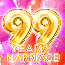 Bright '99 Years of Marriage' in shiny Bright letters, surrounded by colorful balloons on a cheerful and celebratory pink background.