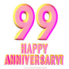 Sophisticated pink and gold '99 Happy Anniversary' text in a polished 3D look, crafted to highlight a significant milestone.