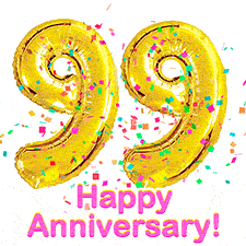 Sparkling gold balloons forming the number 99 with a burst of multicolored confetti and vibrant pink 'Happy Anniversary' text.