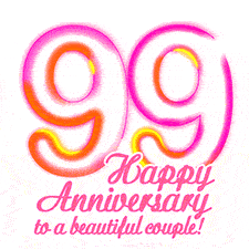 Stylish pink and yellow neon numbers '99' glowing brightly with a heartfelt 'Happy Anniversary to a beautiful couple!' written in pink cursive text.