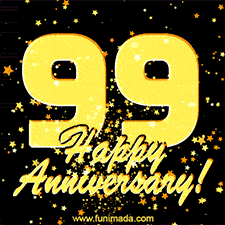 Large yellow '99' surrounded by shimmering gold stars and the celebratory message 'Happy Anniversary!' below in cursive.